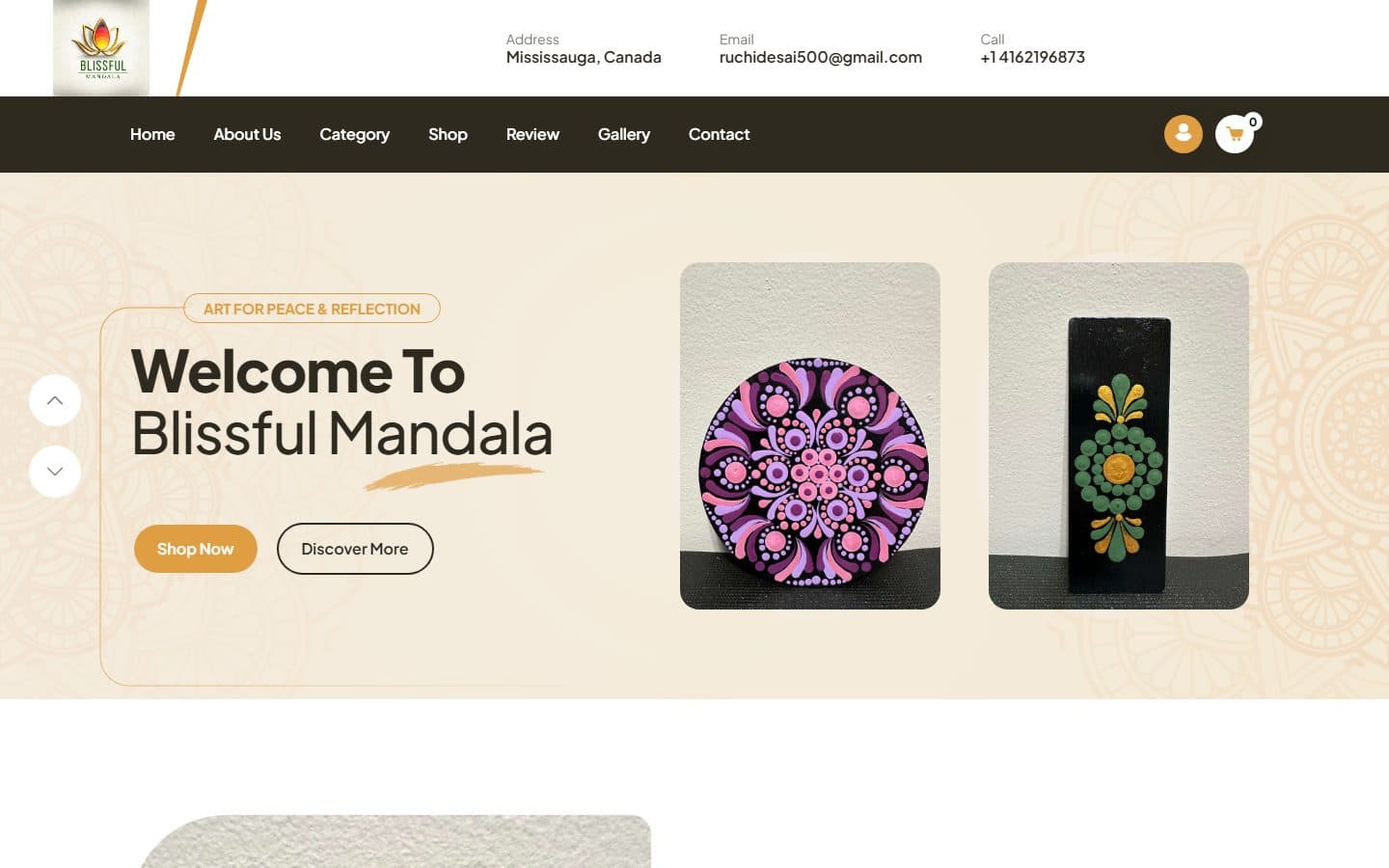 Blissful Mandala homepage with mandala artwork and shop